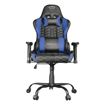 Cadeira Gaming Trust GXT 708R - Apoios de braços - Encosto ajustável entre 90° e 180° - Almofada lombar e cervical - Rodas de nylon - Pistão a gás classe 4 - Base metálica - Peso máx. 150kg - Cor preto/azul - Trust 24435