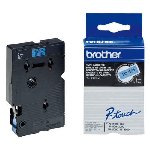 Fita laminada. Texto preto sobre fundo azul. Largura: 9 mm. Comprimento: 7,7 m - Brother TC591