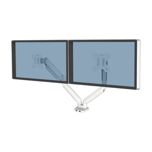 Braço duplo para monitor Fellowes Platinum Series - Até 27" 9kg - 2 portas USB - Ajustável a gás - Branco - Fellowes 8056301
