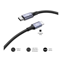 Cabo Subblim Plus USB-C - 100W - Nylon entrançado - 480Mbps - Chip E-Marker - 1 metro - Preto - Cor preta - Subblim SUBCAB-C10001