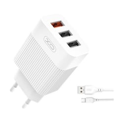 Pacote de carregador de corrente XO L72 1x USB-A 18W Fast Charge 3.0, 2x USB-A + Cabo USB-A para MicroUSB - XO 170631