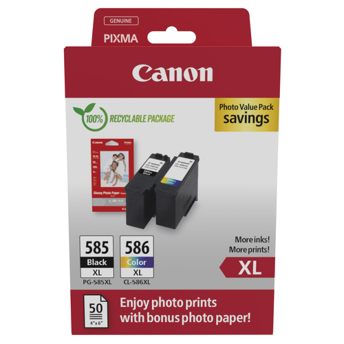 PG-585XL/CL-586XL PHOTO VALUE - 4x6 Phot Paper(GP-501 50sheets) + XL Black & XL Colour Cartridges - Canon 6204C005
