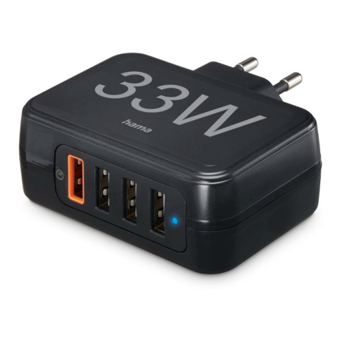 Carregador USB 4 Portas QC 33W Rápido Preto - Hama HAM201629