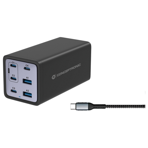 CONCEPTRONIC OZUL06BE 6-PORT 200W GAN USB PD CHARGER WITH USB-C - Conceptronic 120551003101