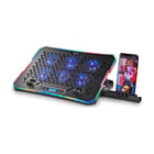Base de resfriamento NGS HeroStand para laptops de até 15,6" - 6 ventoinhas com LED azul - Tela LCD com botões de controle - Bordas RGB - Suporte para smartphone - Altura ajustável - Duas portas USB - Preto - NGS HEROSTAND