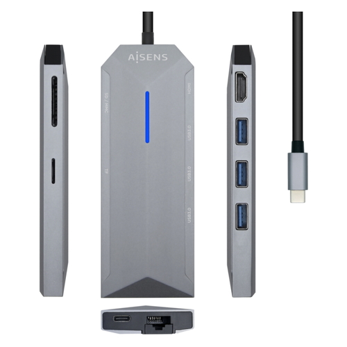 Estação de ancoragem Aisens USB-C 8 em 1 - USB-C para 1xHDMI - 1xRJ45 - 3xUSB - 1xPD - 1xSD - 1xMICRO SD - 15 cm - Cor cinzenta - Aisens ASUC-8P004-GR