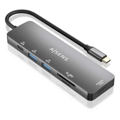 Base de ligação USB-C 6 em 1 da Aisens - USB-C para 1xHDMI - 2xUSB-A - 1xUSB-C PD 100W - 1xSD - 1xMicro SD - 15cm - Aisens 268537