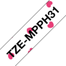 Fita laminada mate. Texto preto sobre fundo corações rosas. Largura: 12mm. Comprimento: 4m - Brother TZeMPPH31