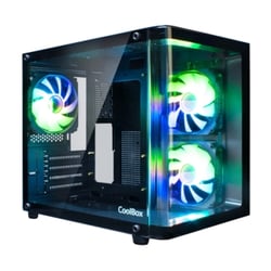 Caixa Mini Torre Coolbox GM100 Vision Micro ATX, Mini-ITX - Vidro temperado à frente e ao lado - Tamanho do disco rígido de 2,5" - USB-A 3.0 e áudio - 3 ventoinhas ARGB de 120 mm - Arrefecimento líquido - Suporta arrefecimento líquido - Coolbox 303622