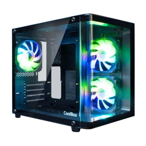 Caixa Mini Torre Coolbox GM100 Vision Micro ATX, Mini-ITX - Vidro temperado à frente e ao lado - Tamanho do disco rígido de 2,5" - USB-A 3.0 e áudio - 3 ventoinhas ARGB de 120 mm - Arrefecimento líquido - Suporta arrefecimento líquido - Coolbox 303622