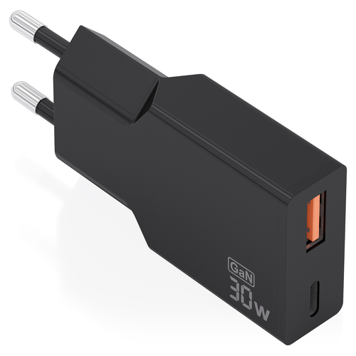 Aisens Carregador Ultra Fino GaN 30W 1xUSB-C PD3,0 QC4,0 1xUSB-A QC3,0 Preto - Aisens A110-1005