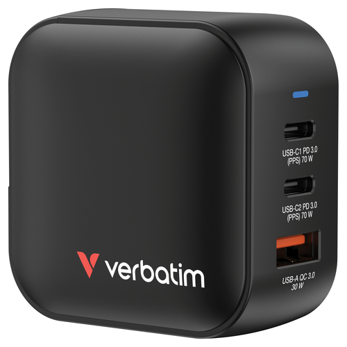VERBATIM CARREGADOR MINI GAN 70W 2x USB-C 1x USB-A BLACK - Verbatim 32229