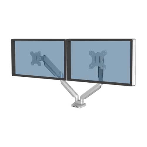Braço duplo para monitor da série Platinum da Fellowes - Até 27" 9kg - 2 portas USB - Ajustável com mola a gás - Preço - Fellowes 8056501