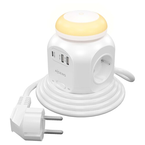 Extensão eléctrica de mesa multifuncional Aisens com 4 tomadas + 1xUSB-C 20W PD3.0 - 2xUSB-A 18W QC3.0 - Luz nocturna - 1,8m - Branco - Aisens 236392