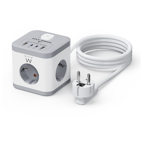 EWENT EXTENSA0 ELETRICA 3 TOMADAS CUBICA SHUKO 2xUSB-C 2XUSB 2MT - Ewent EW3863