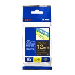 Fita laminada. Texto dourado sobre fundo preto. Largura: 12 mm. Comprimento: 8 m - Brother TZe334