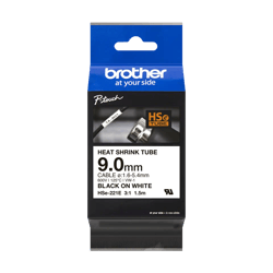 Fita tubo termo retrátil para cabos. Texto preto sobre fundo branco. Largura: 9mm. Comprimento: 1,5m. Cabo recomendado: Ø 1,6mm a 5,4mm - Brother HSE221E