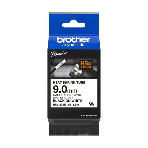Fita tubo termo retrátil para cabos. Texto preto sobre fundo branco. Largura: 9mm. Comprimento: 1,5m. Cabo recomendado: Ø 1,6mm a 5,4mm - Brother HSE221E
