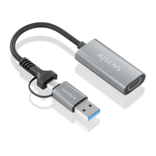 Conversor de alumínio Aisens USB-A+USB-C para HDMI 1080P@60HZ - USB-A/M+USB-C/M-HDMI/H - 15cm - Cor cinzenta - Aisens 303462