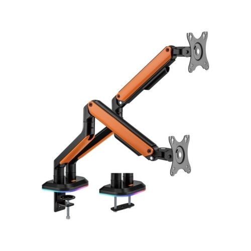 Suporte de mesa RGB para jogos profissionais da Aisens - Giratório e inclinado - Aço resistente - Iluminação ambiente - Compatível com Vesa - Capacidade máxima de carga 9Kg - Sistema de passagem de cabos - Cor preto/laranja - Preto/laranja - Aisens 284957