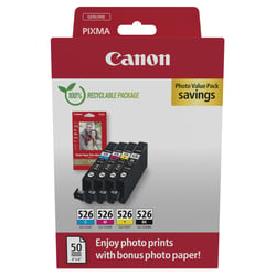 CLI-526 BK/C/M/Y PHOTO VALUE - 4x6 Photo Paper (PP-201 50sheets) + Cyan, Magenta, Yellow, & Photo Black ink tanks - Canon 4540B019