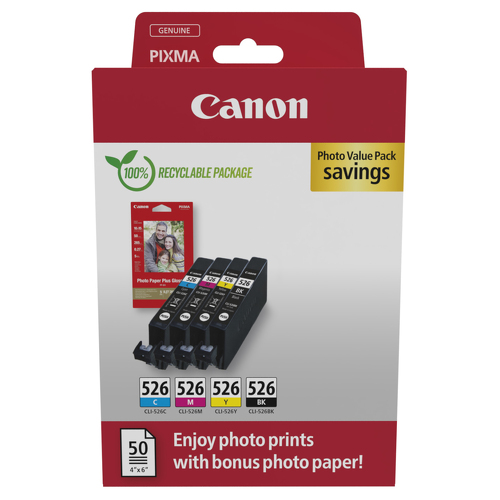CLI-526 BK/C/M/Y PHOTO VALUE - 4x6 Photo Paper (PP-201 50sheets) + Cyan, Magenta, Yellow, & Photo Black ink tanks - Canon 4540B019