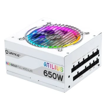 Unykach Atilius RGB White 650W 650W ATX 2.31 Fonte de alimentação - Iluminação RGB - Totalmente modular - PFC ativo - Ventoinha de 120mm - Unykach UK521204