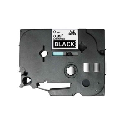 Fita laminada compatível com TZe-325. Texto branco sobre fundo preto. Largura: 9 mm. Comprimento: 8 m - TZe-325C (Compatível)