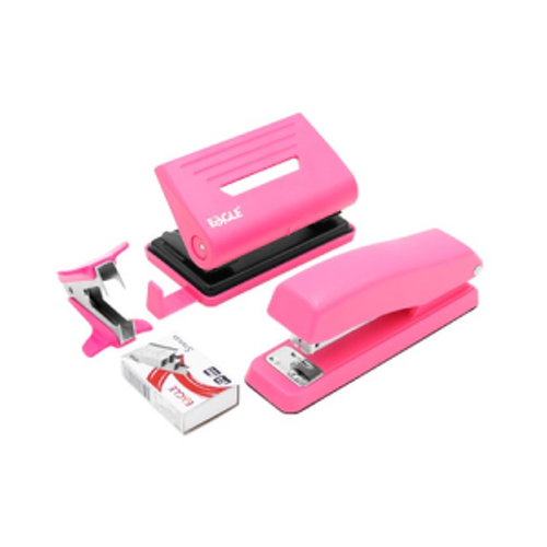 Conjunto Agrafador+ Furador + Saca Agrafos Eagle Rosa Néon - Eagle 505EAS10002R