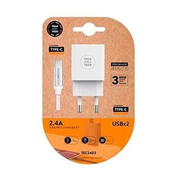TechOneTech Carregador de Parede Duplo + Cabo USB-A para USB-C 1m - Revestido com entrançado de nylon - TechOneTech 144344