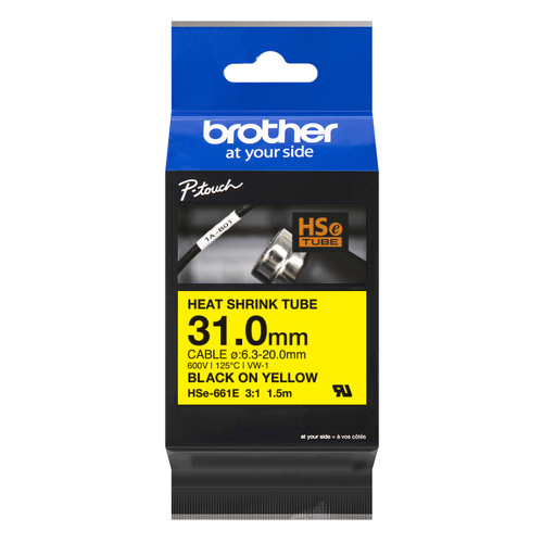 Fita tubo termo retrátil para cabos. Texto preto sobre fundo amarelo. Largura: 31mm. Comprimento: 1,5m. Cabo recomendado: Ø 6,3mm a 20mm - Brother HSE661E