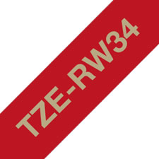 Fita de tecido. Texto ouro sobre fundo vermelho escuro. Largura: 12mm. Comprimento: 4m - Brother TZe-RW34