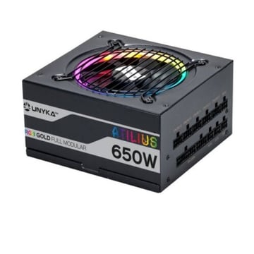 Unykach Atilius RGB Black 650W Fonte de alimentação 650W ATX 2.31 - Iluminação RGB - Totalmente modular - PFC ativo - Ventoinha de 120mm - Unykach UK521203