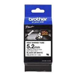 Fita tubo termo retrátil para cabos. Texto preto sobre fundo branco. Largura: 5,2mm. Comprimento: 1,5m. Cabo recomendado: Ø 0,8mm a 3,1mm - Brother HSE211E
