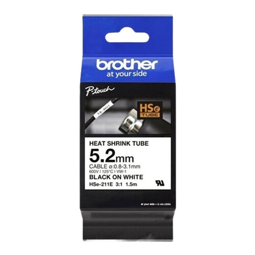 Fita tubo termo retrátil para cabos. Texto preto sobre fundo branco. Largura: 5,2mm. Comprimento: 1,5m. Cabo recomendado: Ø 0,8mm a 3,1mm - Brother HSE211E