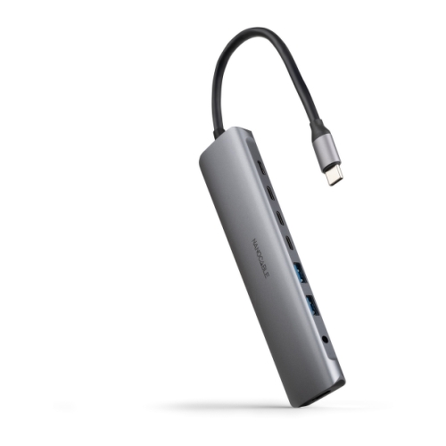 Hub USB-C 8 em 1 Nanocable - USB-C 3.1 para 2 x USB-A 3.0 + 3 x USB-C 3.0 + USB-C PD 100W + HDMI 4K@60Hz + Tomada de áudio 3.5 - Alumínio - 18cm - Cor cinzenta - Nanocable 10.16.4608
