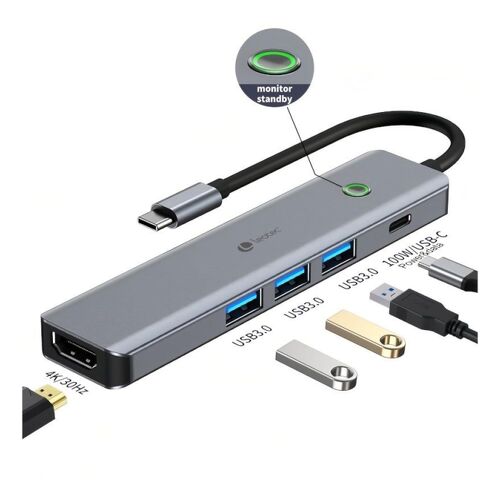 Adaptador Leotec 5 em 1 USB-C para 1xHDMI, 3xUSB-A 3.0, 1xPD 100W+USB-C - Cinzento - Leotec 269142
