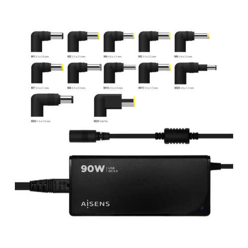 Carregador automático universal de 90 W para computadores portáteis com 12 conectores + USB-A QC.3.0 - Preto - Aisens 181651