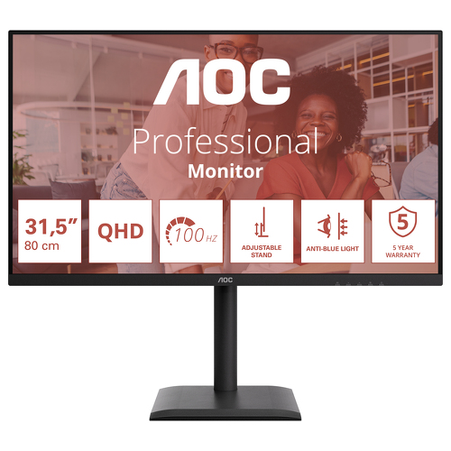 AOC MONITOR IPS 32" (31.5") 16:9 QHD 4MS 100HZ HDMI DP USB COLUNAS HAS Q32E4U - AOC Q32E4U