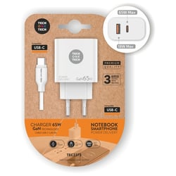 Carregador de Parede TechOneTech GaN PD 3.0 65W - Para Portáteis e Smartphones - Cabo USB-C para USB-C 1m - TechOneTech 203726
