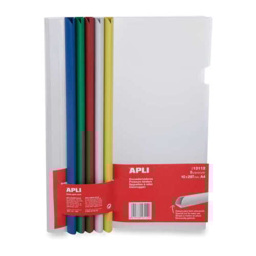 Apli Encuadernadores Deslizantes en Colores Surtidos 10x297mm con Funda Transparente - Ranura para Facil Insercion de Hojas - Pack de 5 con Capacidad de 100 Hojas - APLI 13112