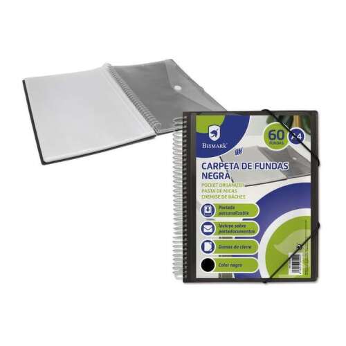 Pasta Bismark com 60 bolsos transparentes - Formato A4 - Inclui envelope para documentos - Encadernação de borracha - Bismark 328242