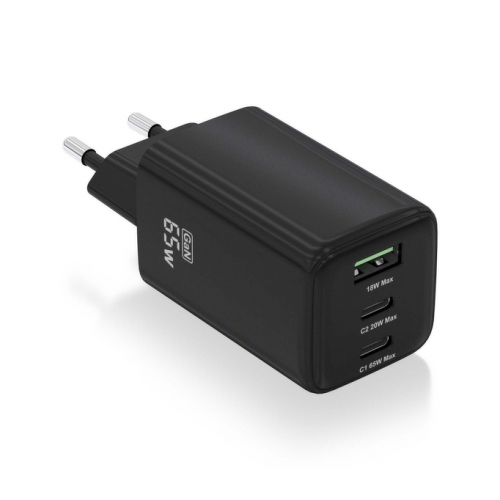 Carregador Aisens USB-C 65W - Alta eficiência energética - Tecnologia AI para carregamento rápido - Várias protecções de segurança - Compatível com USB-C e USB-A - Carregamento simultâneo de 3 dispositivos - USB-C e USB-A - Carrega 3 dispositivos em simultâneo - Aisens 284902