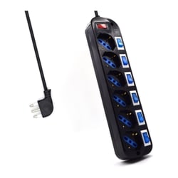 Bloco de distribuição de energia Ewent com 6 tomadas tipo L/F (Schuko) 10/16A - Interruptor geral e individual para ligar/desligar - Proteção contra picos de corrente - Proteção para crianças - Tomada italiana de ângulo plano - Cabo de 1,5 m - Cor preta - Ewent EW3850