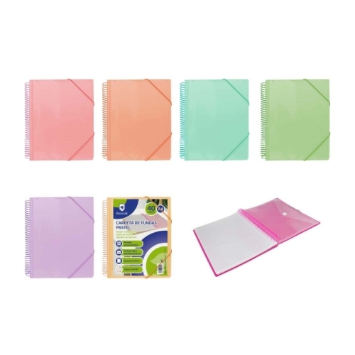 Pasta espiral Bismark com 40 bolsos transparentes - Polipropileno - Tamanho A4 - Espiral de plástico não deformável - Abertura de 360 graus - Fecho elástico - Cores pastel - Bismark BI329606