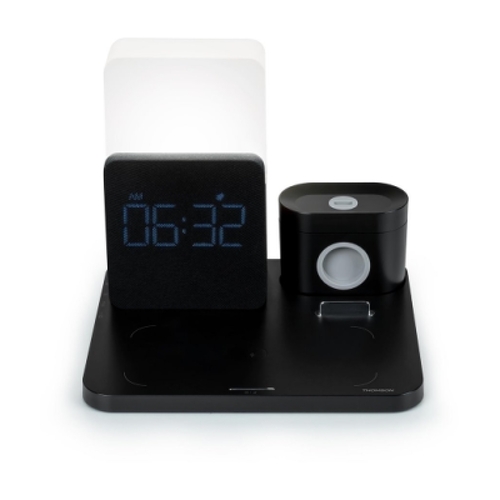 Despertador Thomson com estação de carregamento sem fio para smartphones e smartwatches - Carregamento USB-C para fones de ouvido - Tela LCD - Luz noturna LED - Preto - Thomson CL800I
