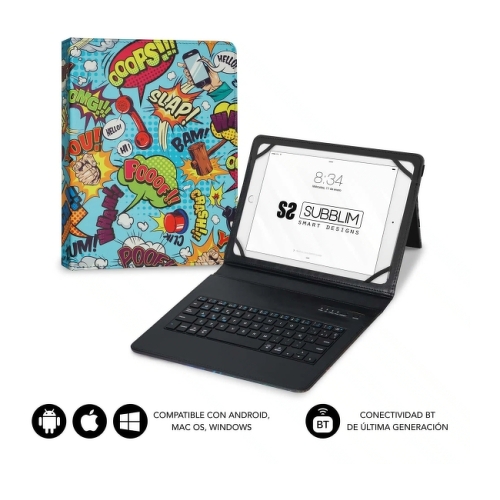 Estojo universal Subblim Keytab Pro Bluetooth 9-10,1" - Design ultrafino - Suporte ajustável - Sistema magnético - Robusto e adaptável - Sem fios - Bluetooth - Cor de banda desenhada - Subblim SUBKT5-BTTC20