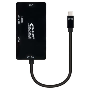 Conversor USB-C para SVGA / DVI / HDMI Nanocable - 3 em 1. USB-C/M-VGA/H-DVI/H-HDMI/H 4K - 10 cm - Preto - Nanocable 10.16.4301-BK