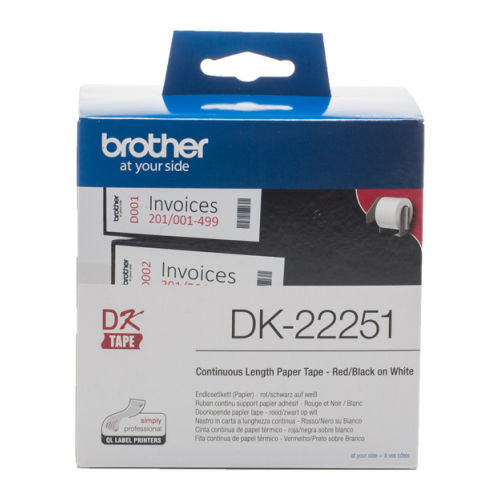 Fita contínua de papel térmico com impressão a preto e vermelho (branca). Largura: 62 mm. Comprimento: 15,24m - Brother DK22251