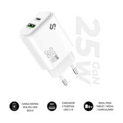 Carregador de parede Subblim GaN 25W - USB-C + USB-A - Carregamento rápido - Branco - Subblim SUBCHG-6G2510